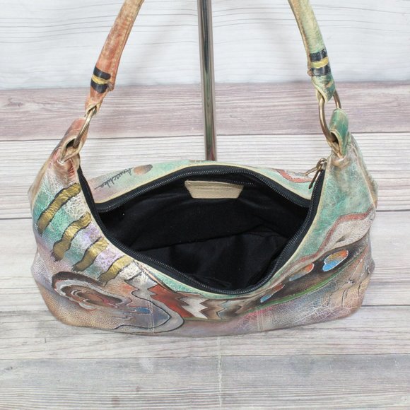 Vintage Anuschka Multicolor Hand Painted Leather Purse Hobo Shoulder Handbag - Picture 9 of 11